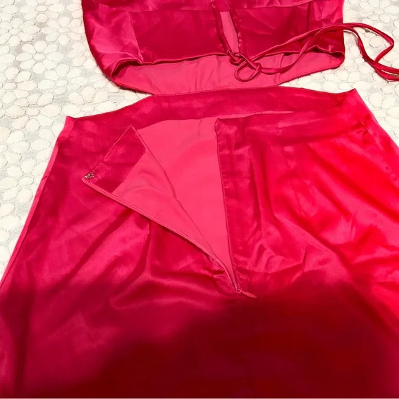 Verdusa Women's Pink Draped Cut Out Crisscross Tie Backless Satin Dress Size M - Picture 12 of 13